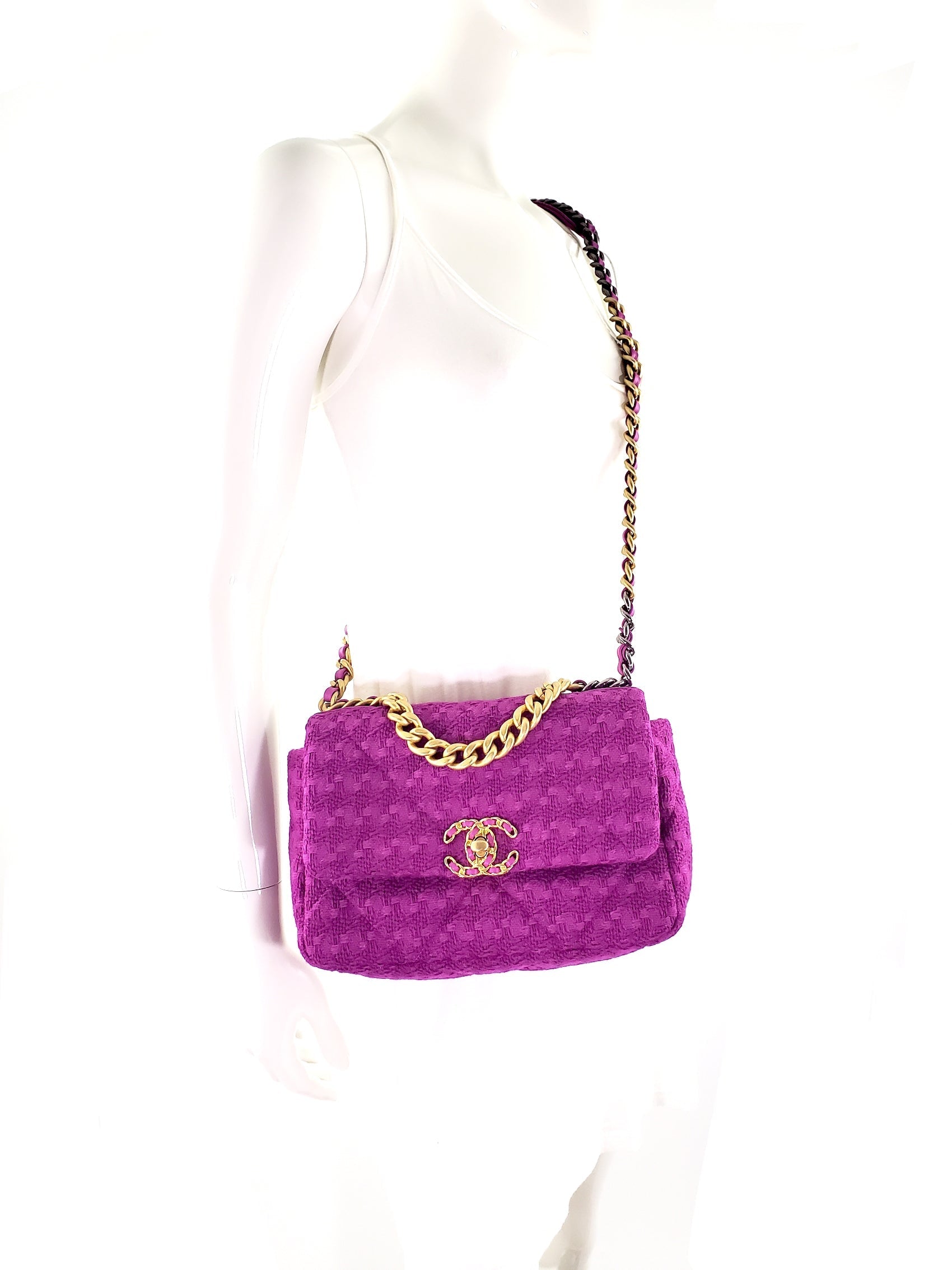 Chanel 19 Small Tweed Magenta Pink Handbag - Rovelle Bags