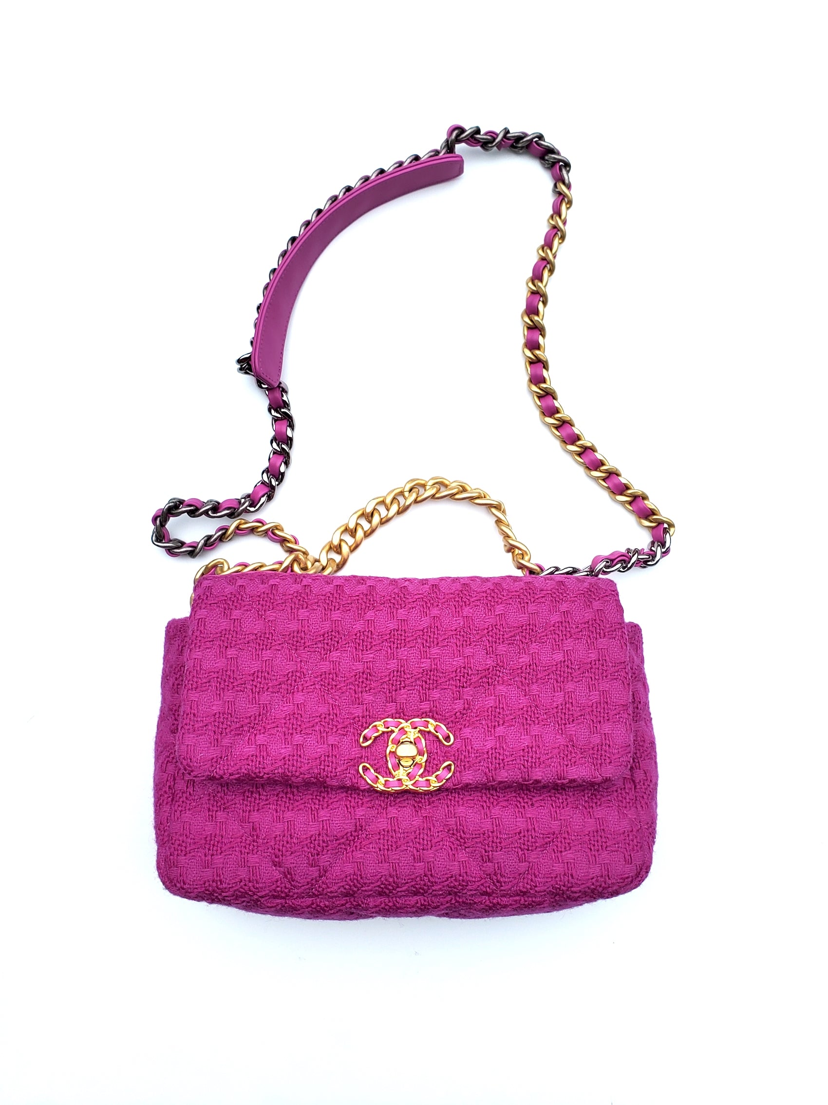 Chanel 19 Small Tweed Magenta Pink Handbag - Rovelle Bags