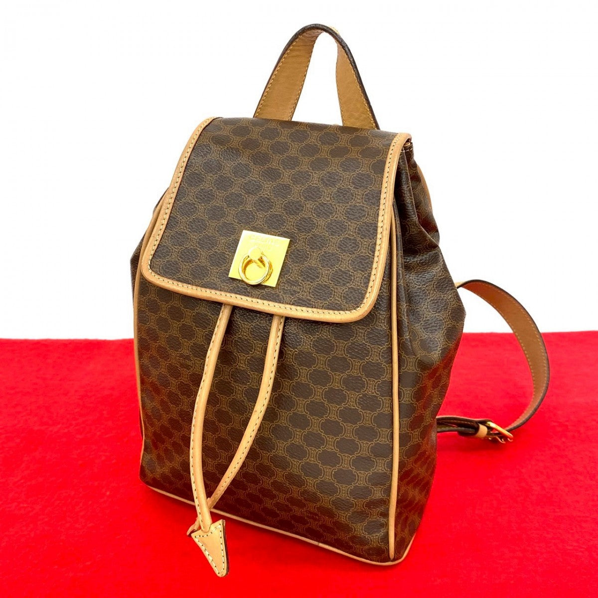 CELINE Backpack leather Brown Macadam Pattern logo ring Metal Women