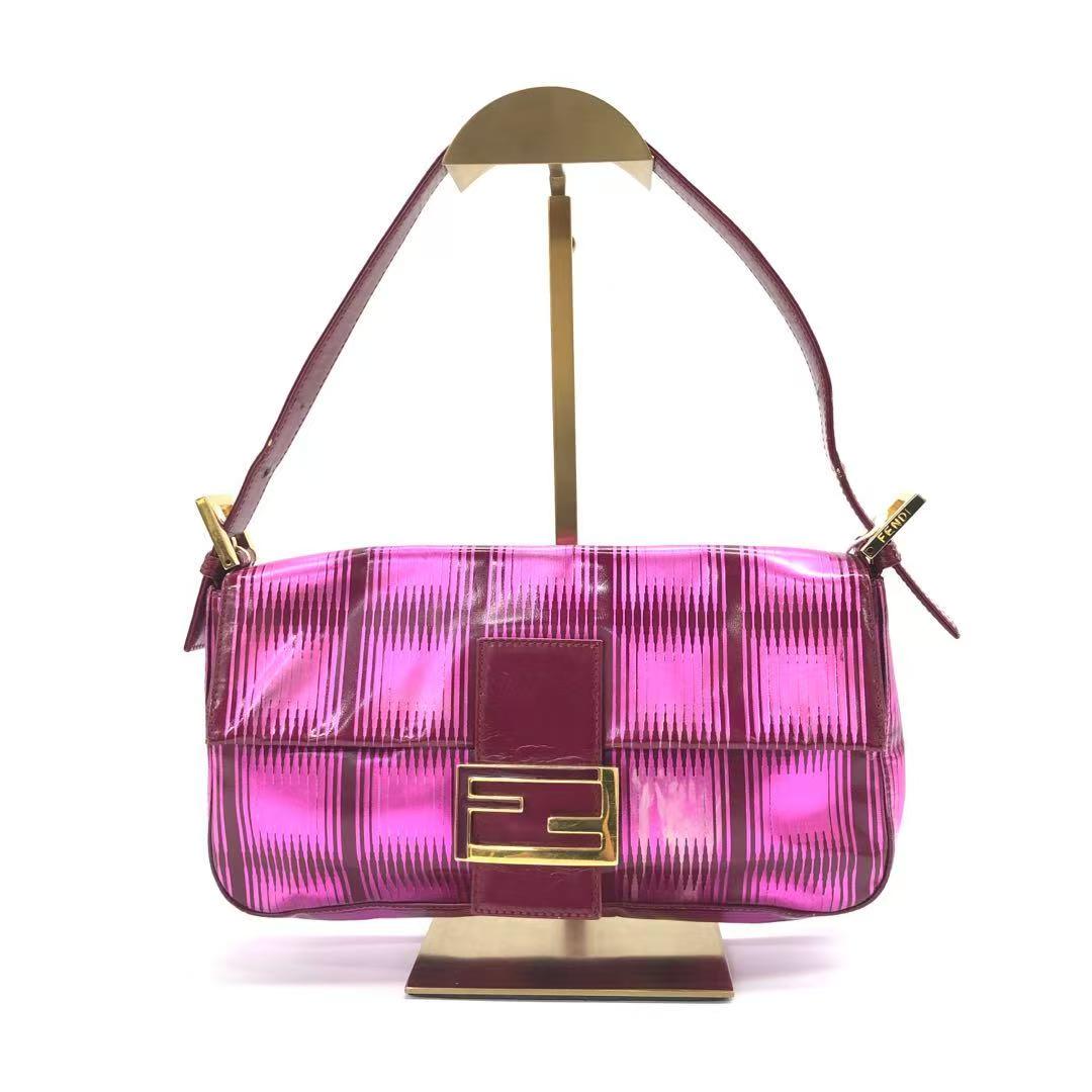 Fendi Baguette Pink Patent Leather Striped Gold Hardware Shoulder Bag