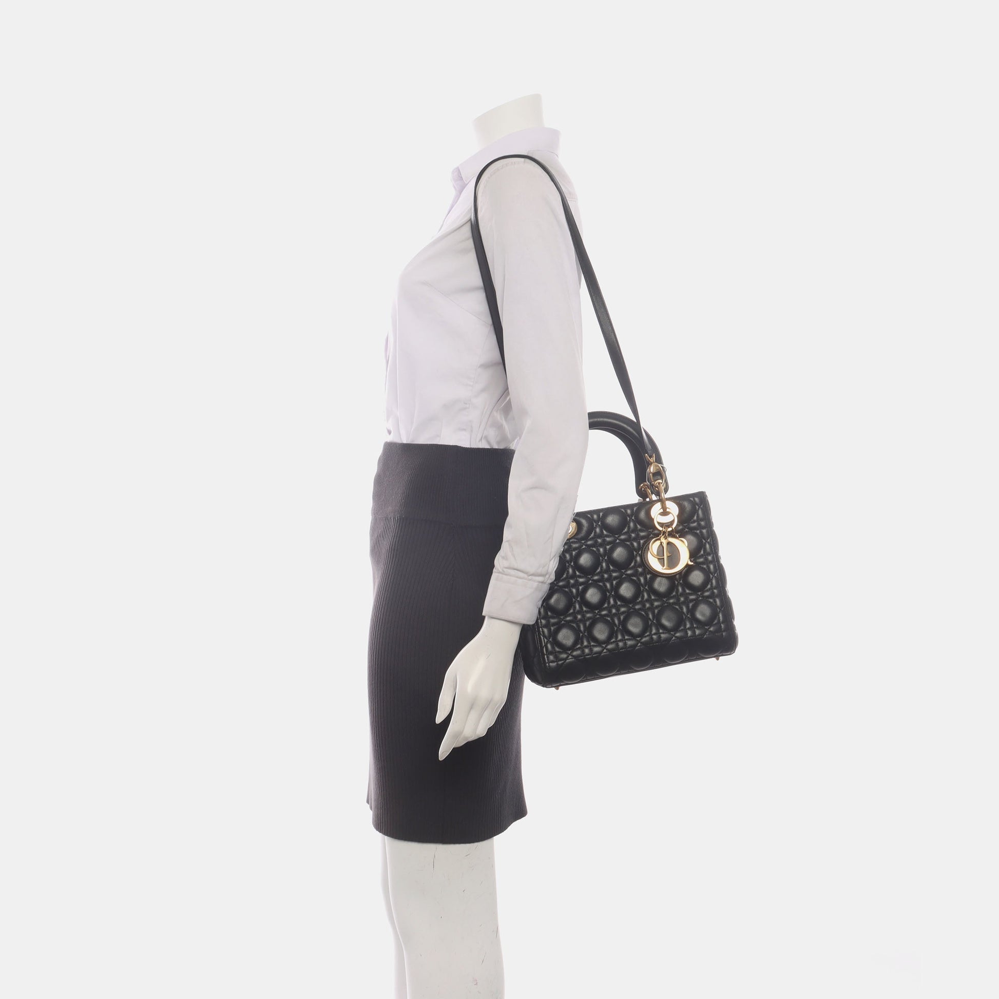 Lady Dior Medium Handbag Black Lambskin Leather Gold Hardware