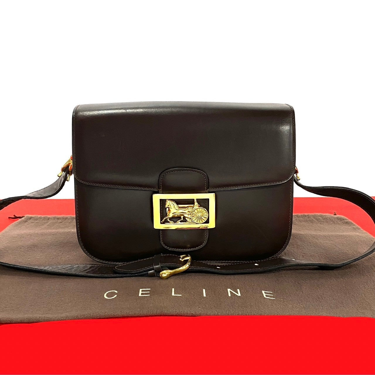 CELINE Shoulder Bag leather Brown Carriage Metal Women