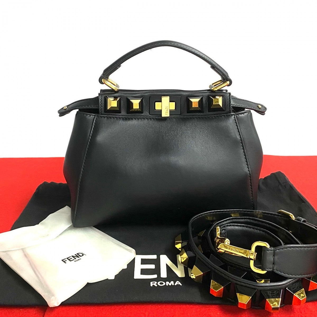 FENDI Shoulder Bag 8BN244ï¿½E9DT Calf leather black Gold Edition Studs Mini Peacock Women