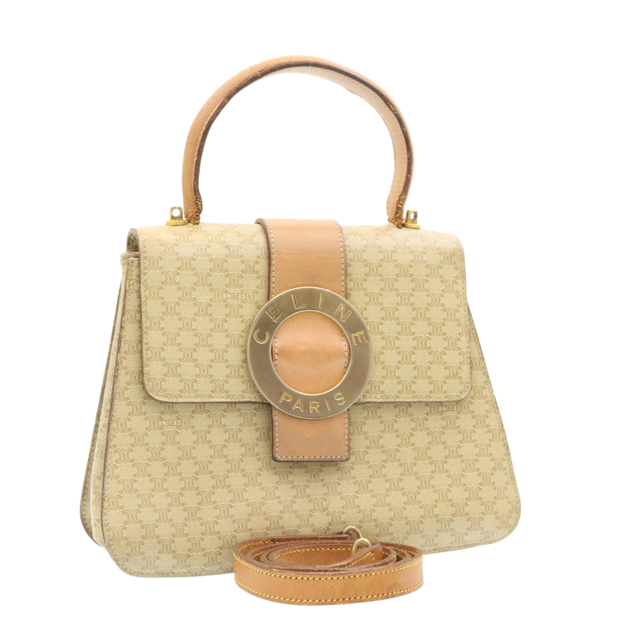 Luxury CELINE Macadam Circle Logo 2Way Shoulder Hand Bag PVC Leather Beige 25937