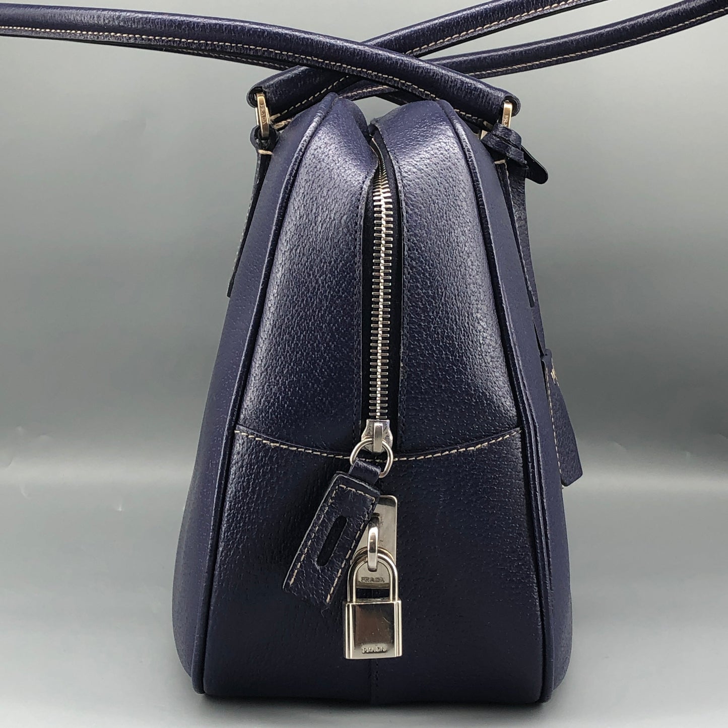 Prada Bauletto Medium Pebbled Leather Handbag Ink Blue