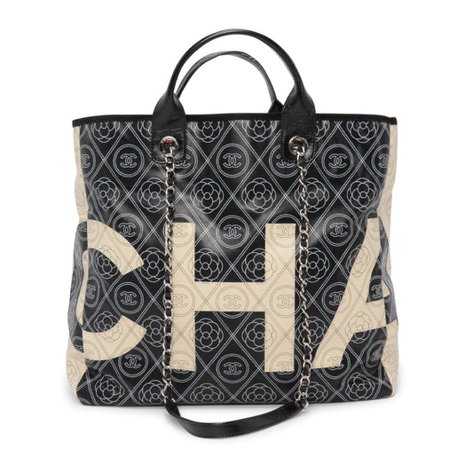 Chanel Black & Ivory Coated Canvas Tote Bag - Rovelle Bags
