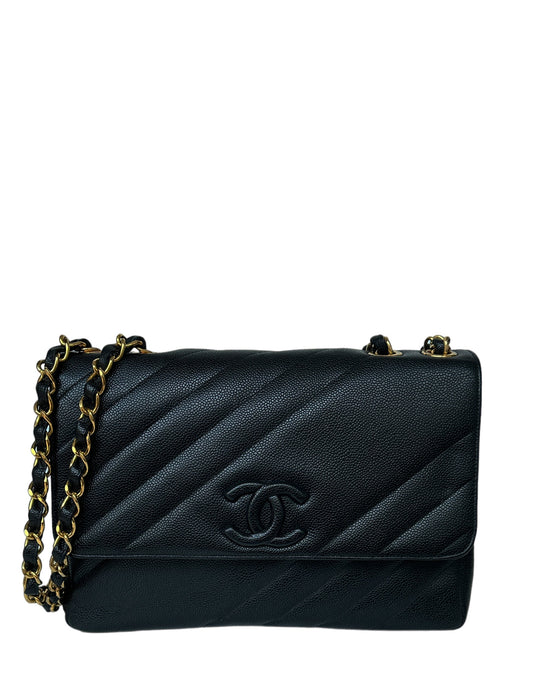Chanel 1990s Black Caviar Leather Diagonal Flap Bag - Rovelle Bags