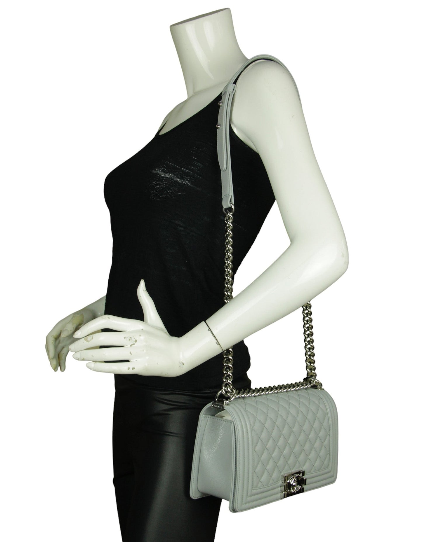 Chanel Grey Shiny Caviar Quilted Medium Handbag - Rovelle Bags