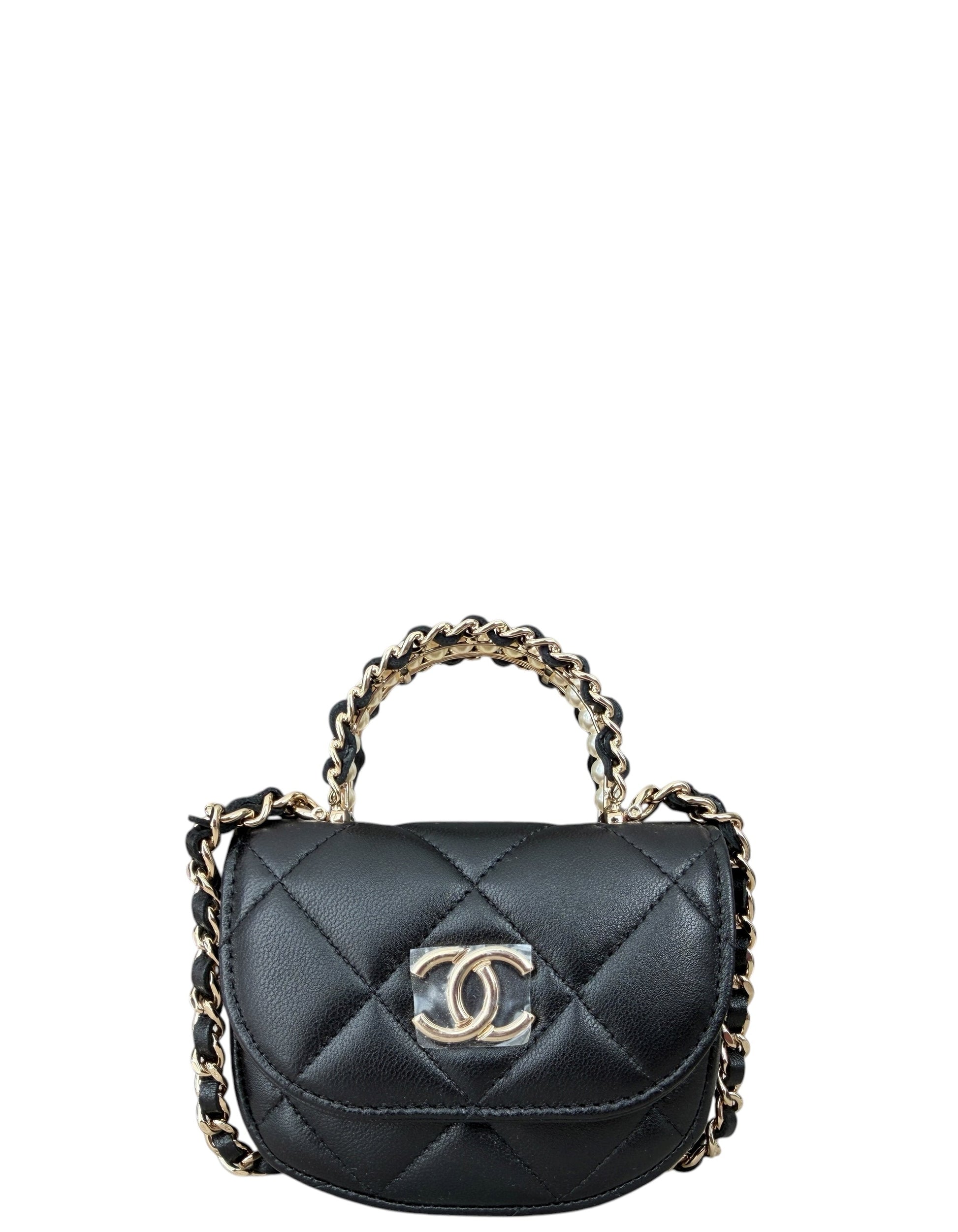 Chanel Black Lambskin Quilted Pearl Top Handbag - Rovelle Bags