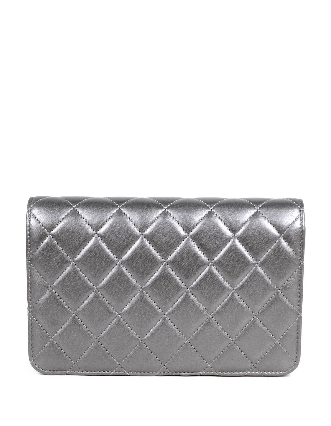 Chanel Silver Lambskin Pearl Wallet On Crossbody Bag - Rovelle Bags