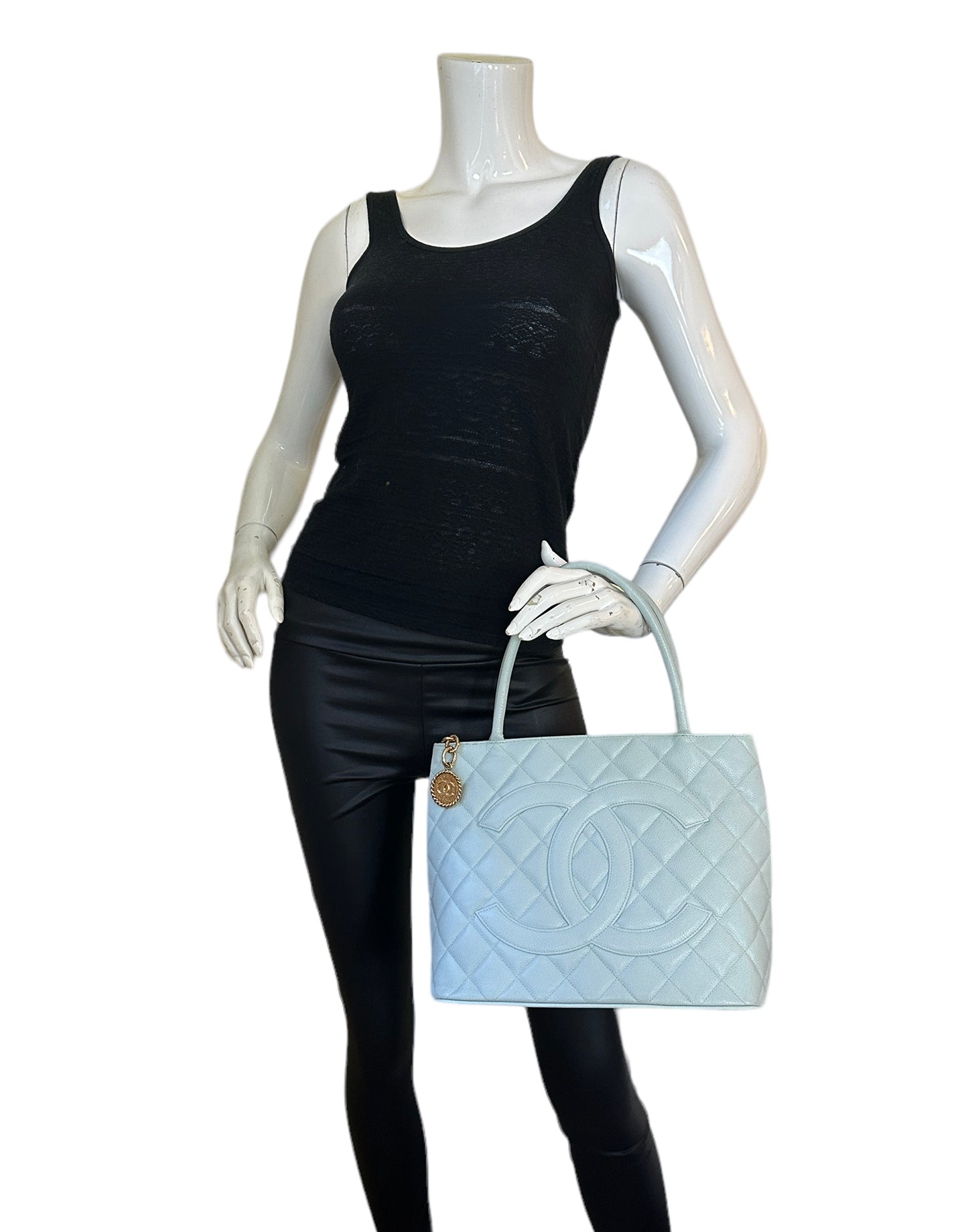 Chanel Light Blue Caviar Leather CC Tote Bag - Rovelle Bags