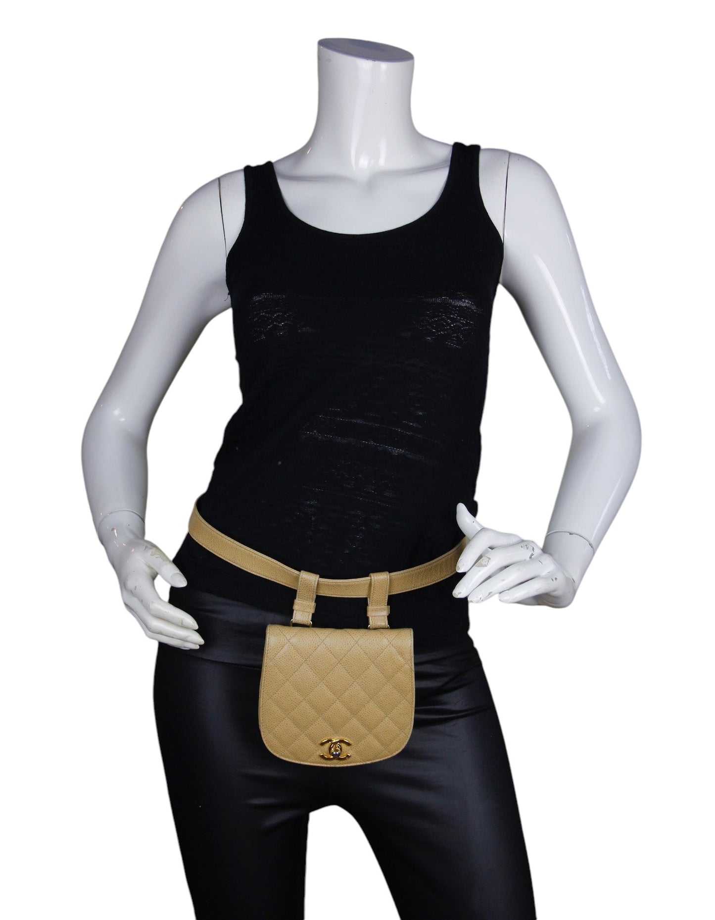 Chanel '90s Beige Caviar Quilted Belt Handbag - Rovelle Bags