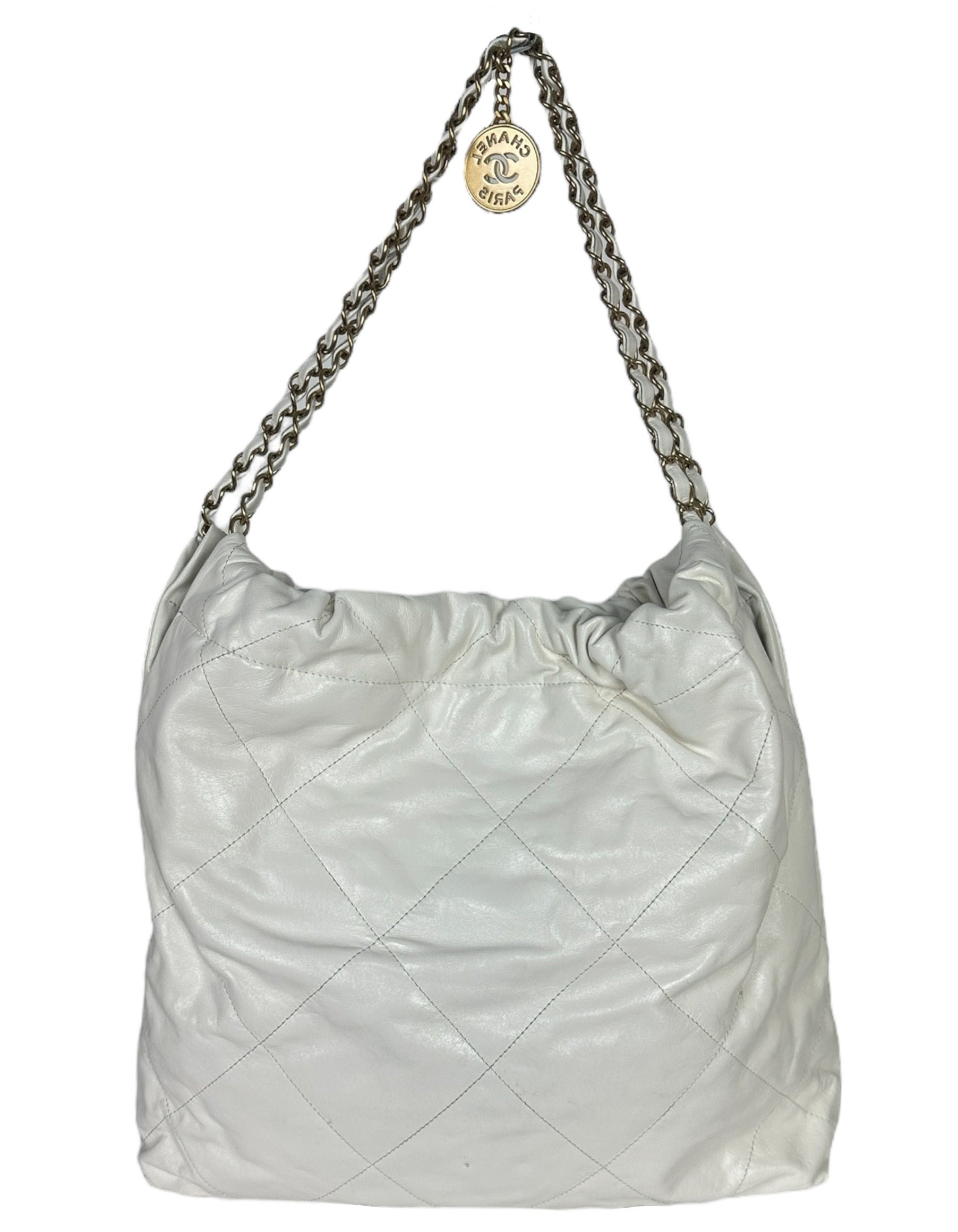 Chanel White Leather Quilted Chanel 22 Tote Bag - Rovelle Bags