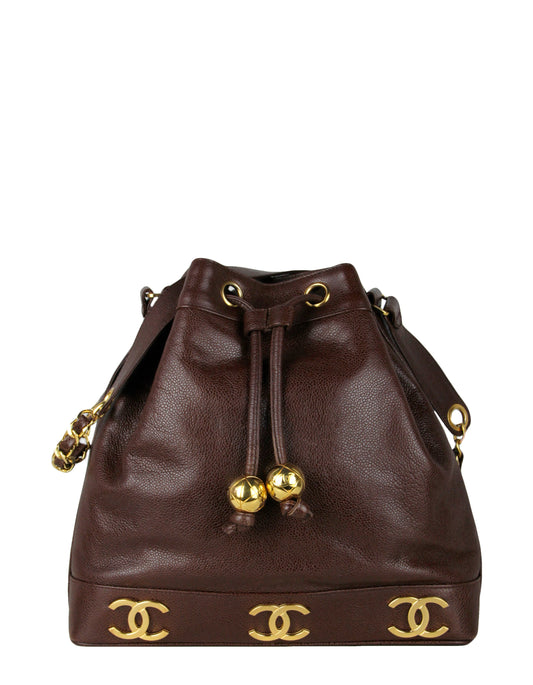 Chanel Brown Logo Caviar Leather Bucket Bucket Bag - Rovelle Bags