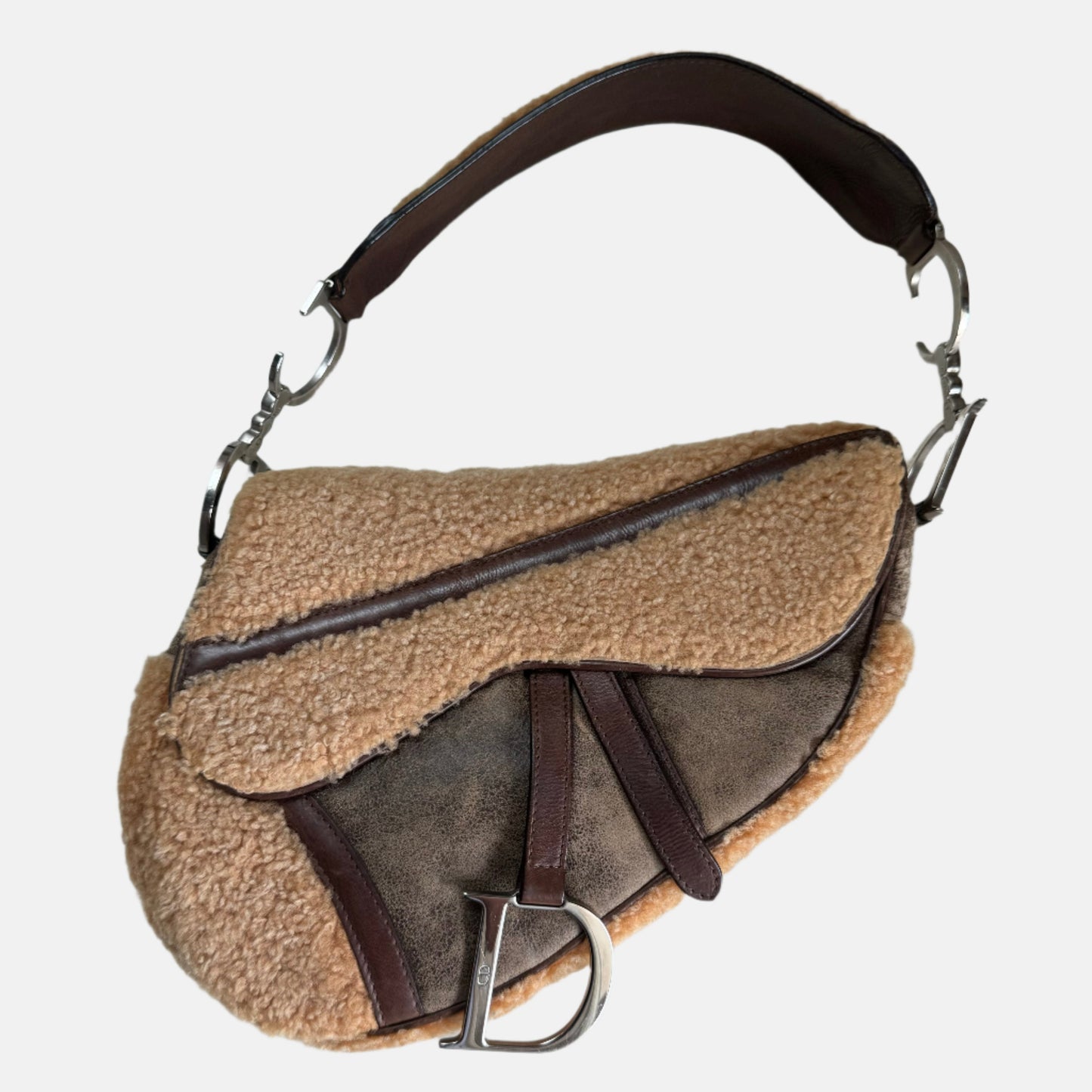 Dior Saddle Shoulder Bag Shearling Brown and While