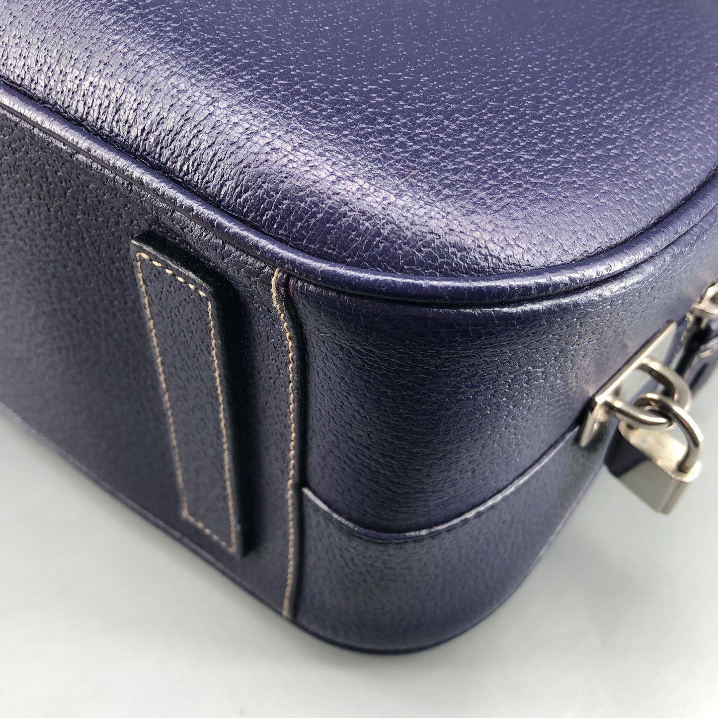 Prada Bauletto Medium Pebbled Leather Handbag Ink Blue