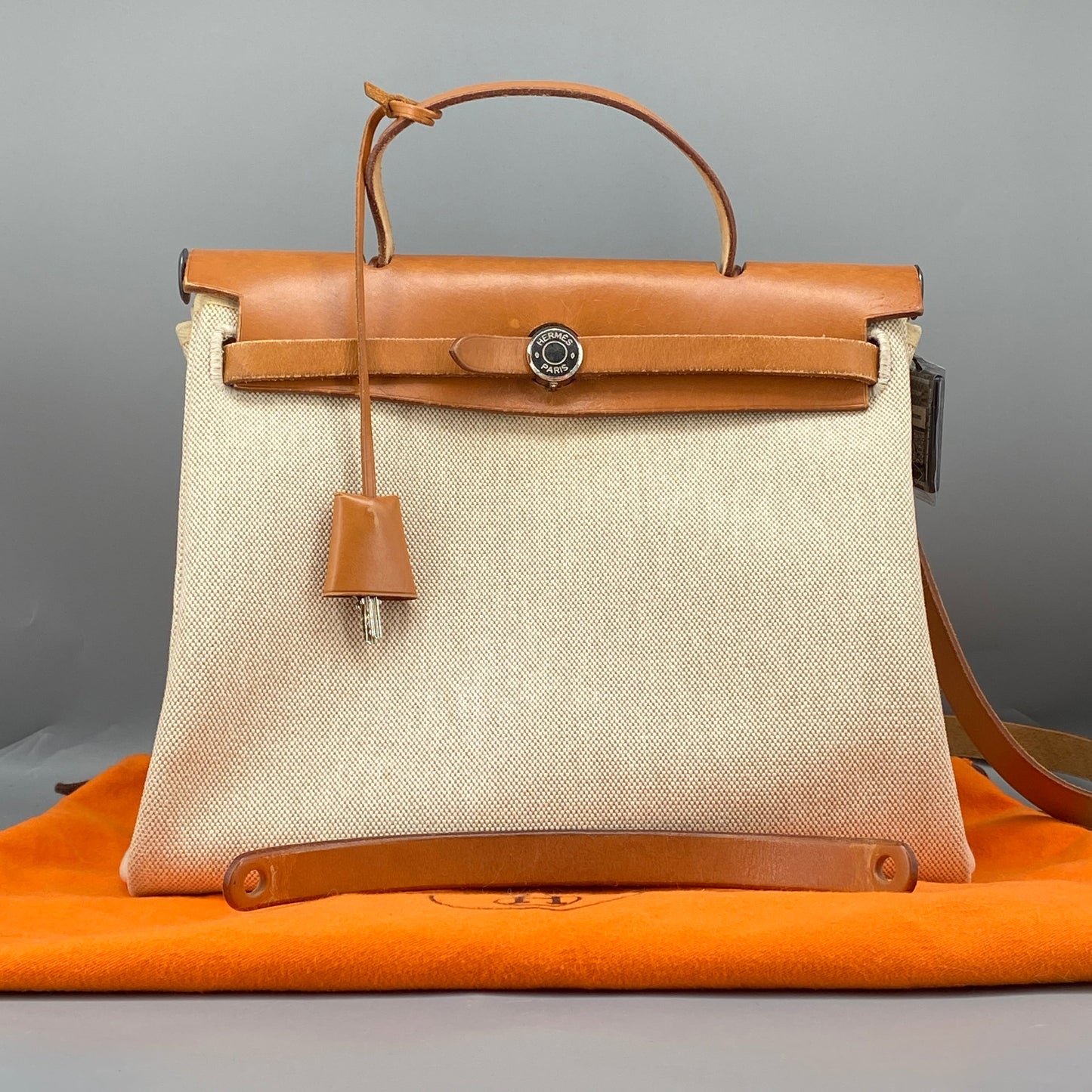 Hermes 2001 Herbag 31 Beige Canvas & Natural Caramel Cowhide Shoulder Bag