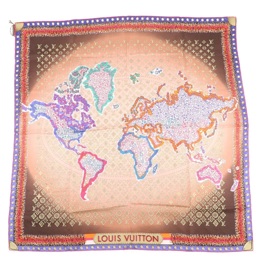 Louis Vuitton Monogram 100% Silk Scarf World Map Brown Pink