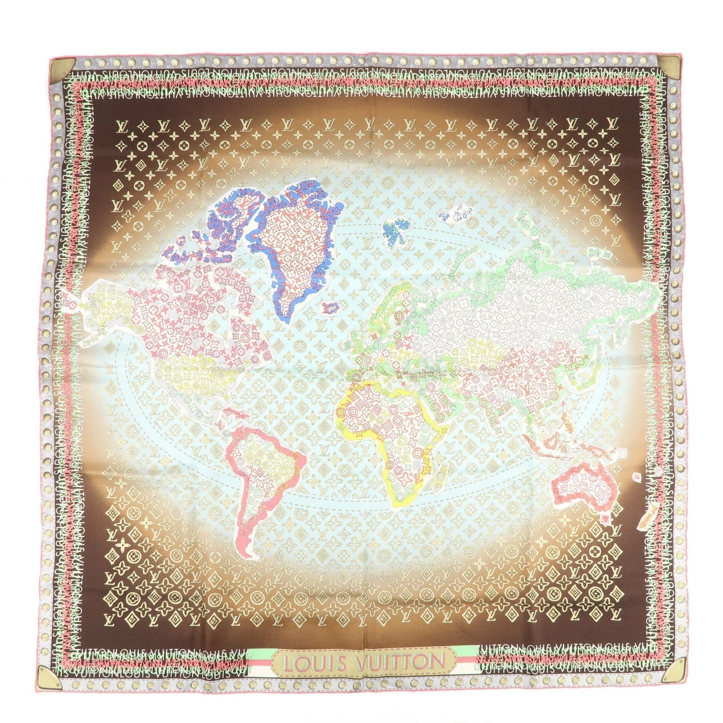 Louis Vuitton Monogram Scarf World Map Brown Light Blue 402470