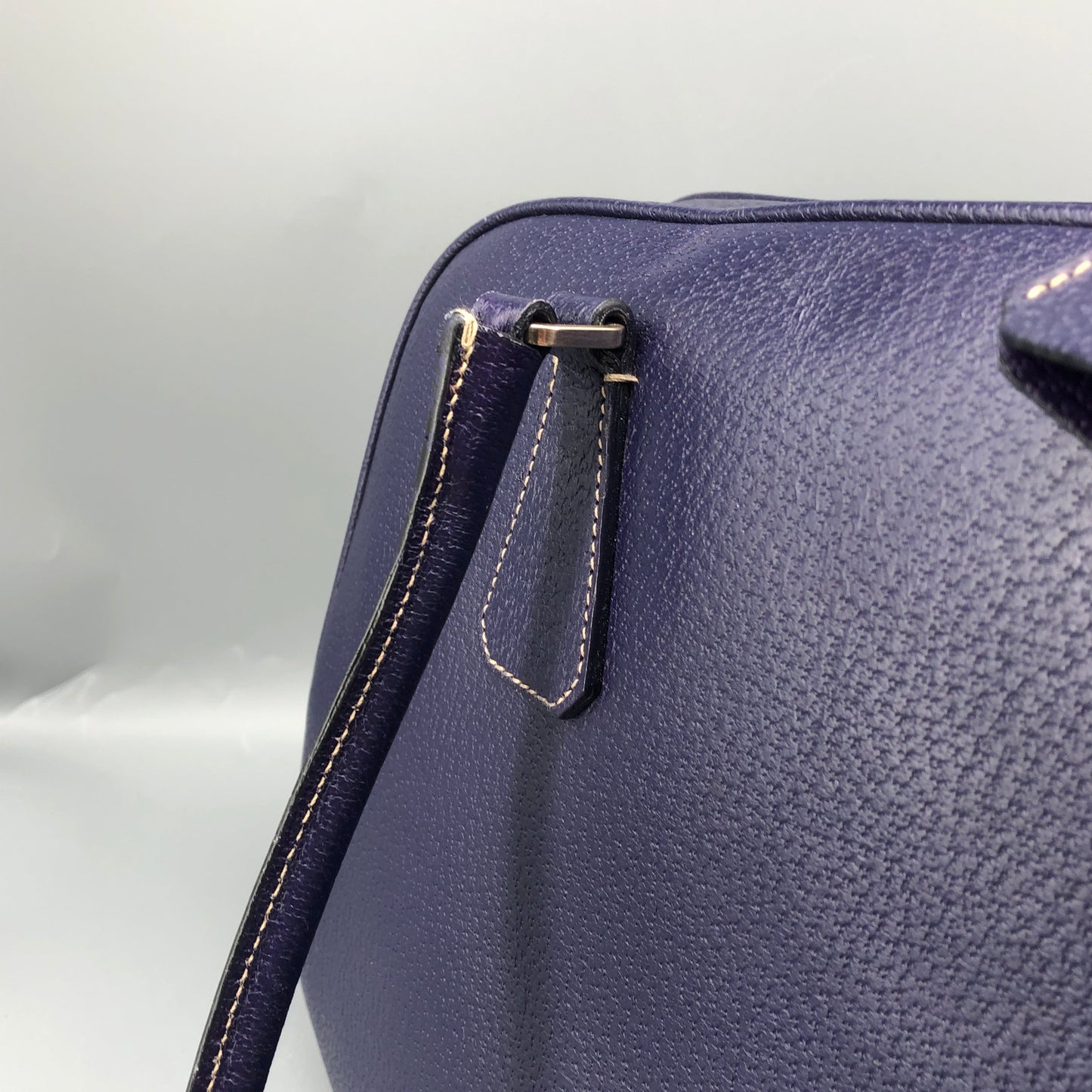 Prada Bauletto Medium Pebbled Leather Handbag Ink Blue