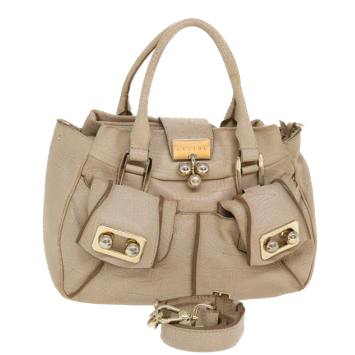 Luxury CELINE Hand Bag Leather 2way Beige 39619