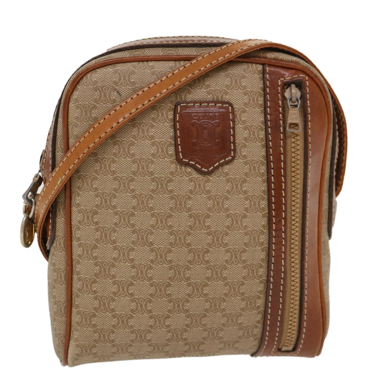 Luxury CELINE Macadam Canvas Shoulder Bag PVC Leather Beige 39944