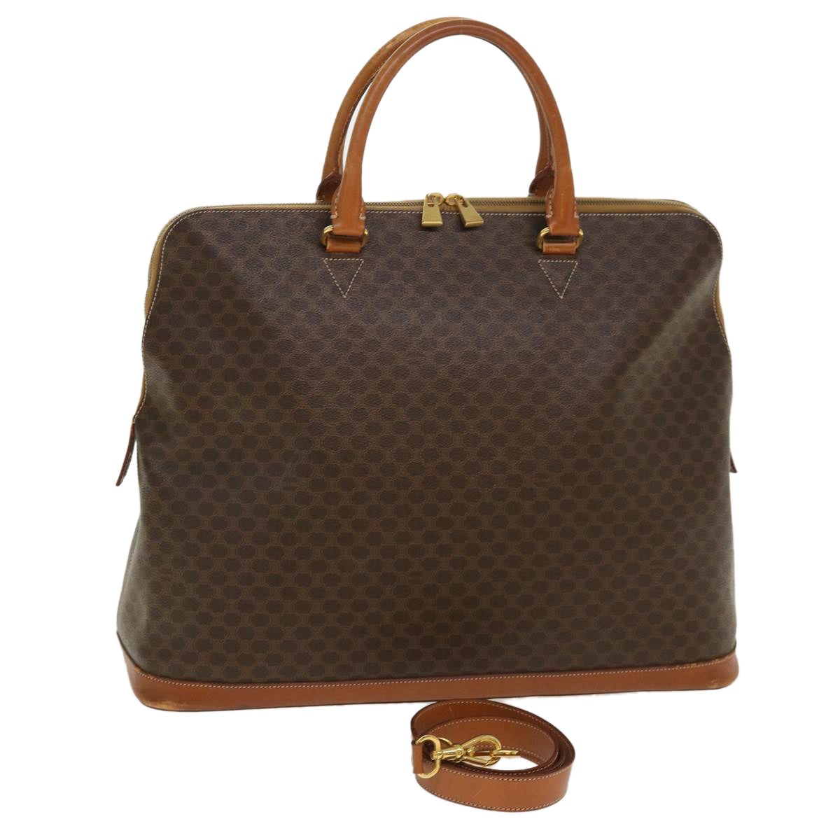 Luxury CELINE Macadam Canvas Boston Bag PVC Leather 2way Brown 39945