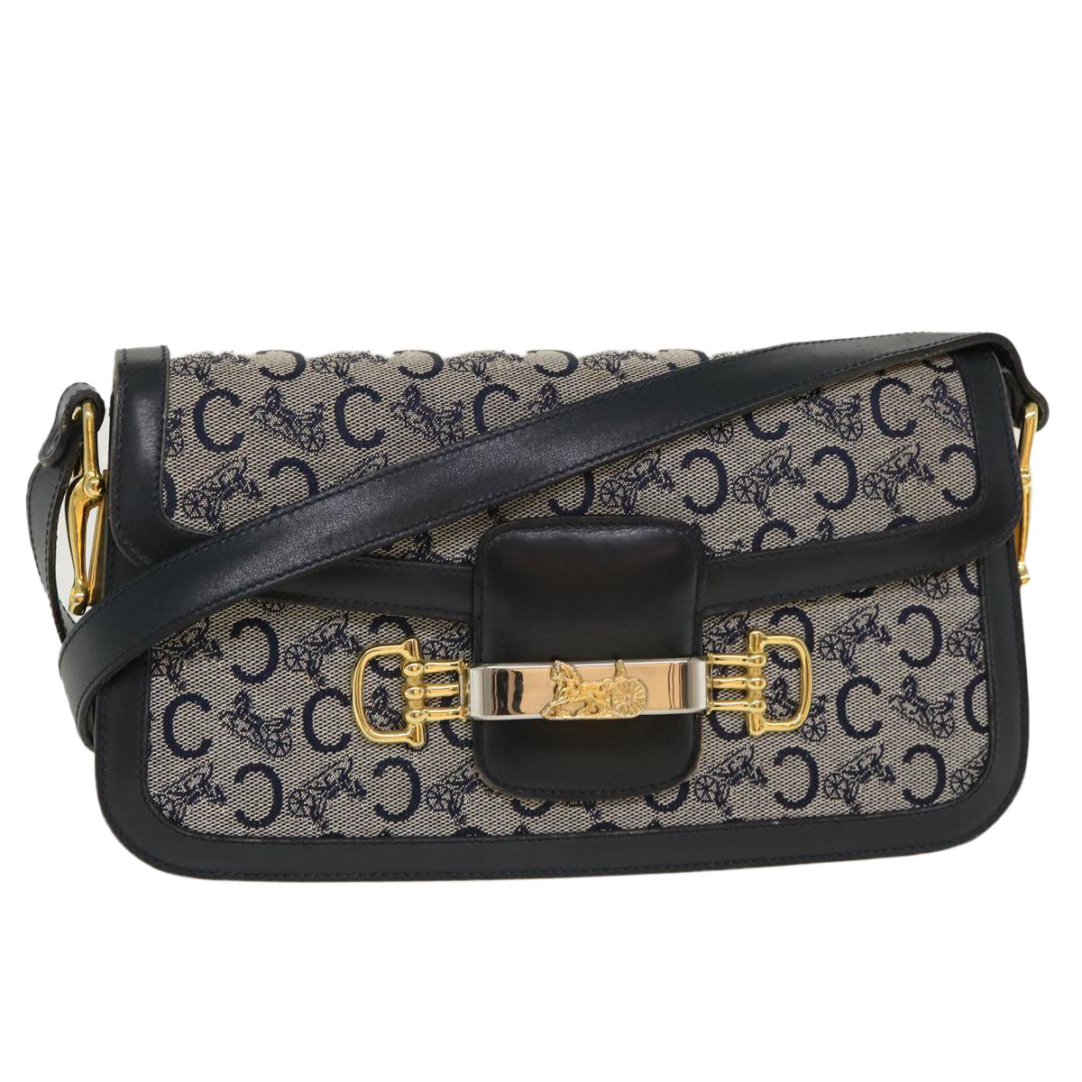 Luxury CELINE C Macadam Canvas Horse Carriage Shoulder Bag Navy 39947