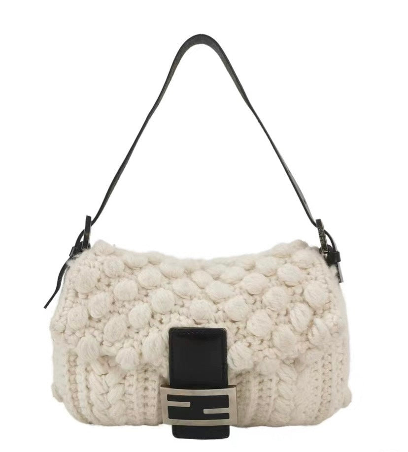 Fendi Baguette Bag White Wool Pompom Shoulder Bag