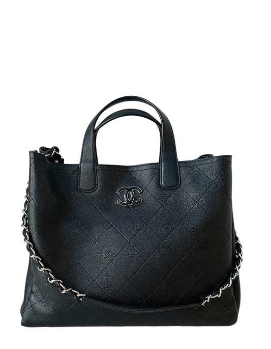 Chanel Black Caviar Leather Quilted CC Tote Bag - Rovelle Bags