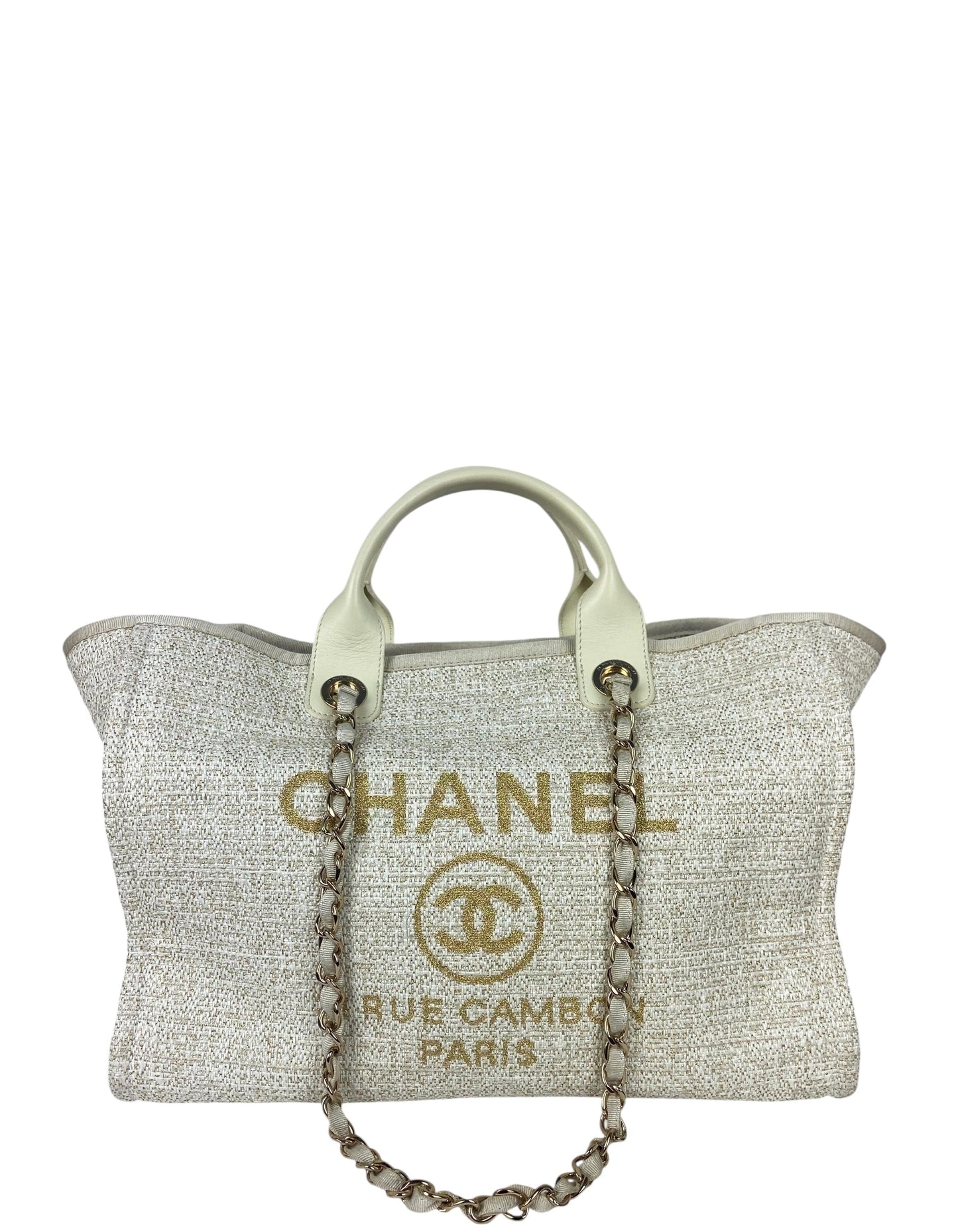 Chanel White/Gold Canvas Medium Deauville Tote Tote Bag - Rovelle Bags