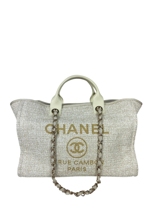Chanel White/Gold Canvas Medium Deauville Tote Tote Bag - Rovelle Bags