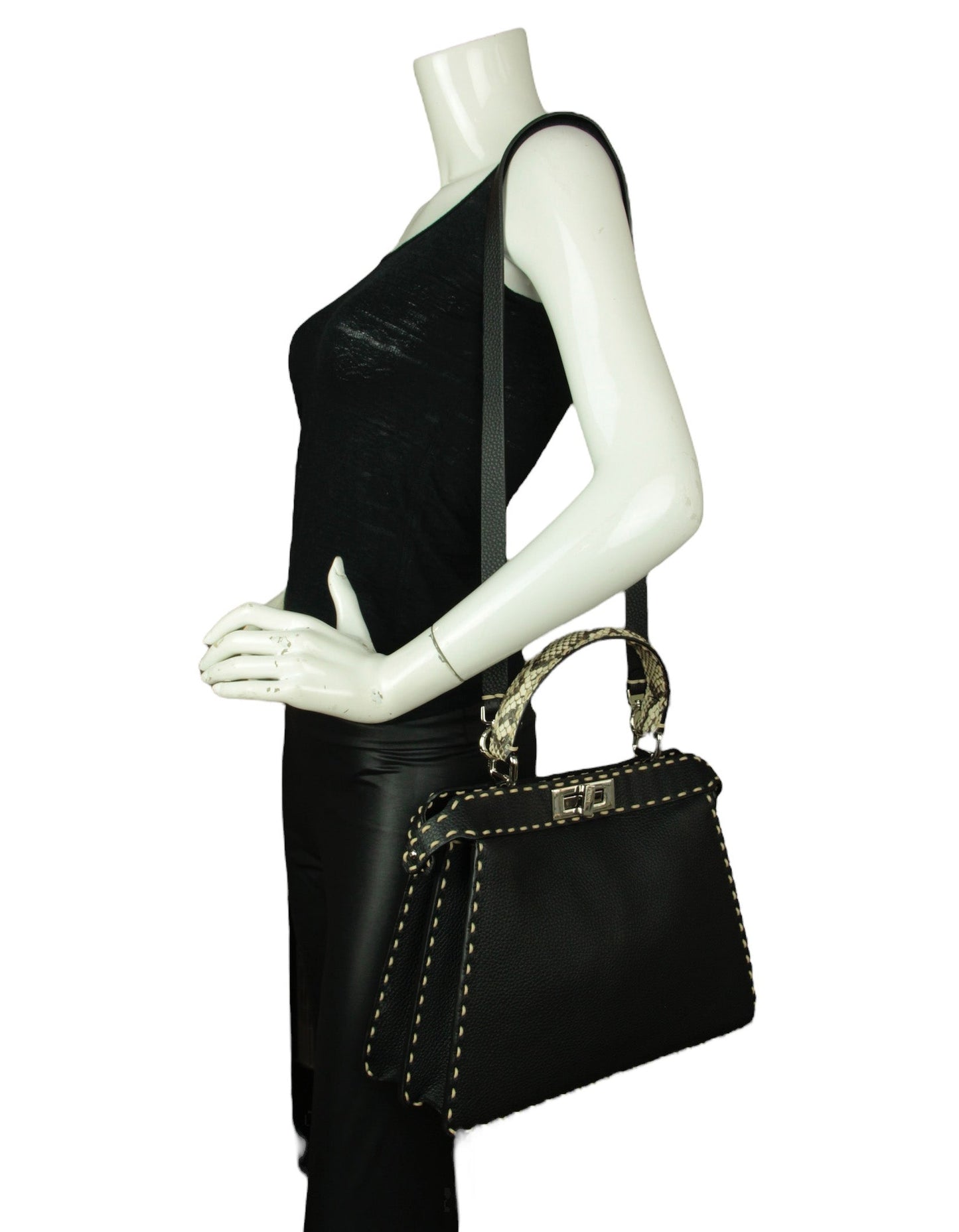Fendi Black Selleria Peekaboo Satchel Bag w/ Snakeskin Handle