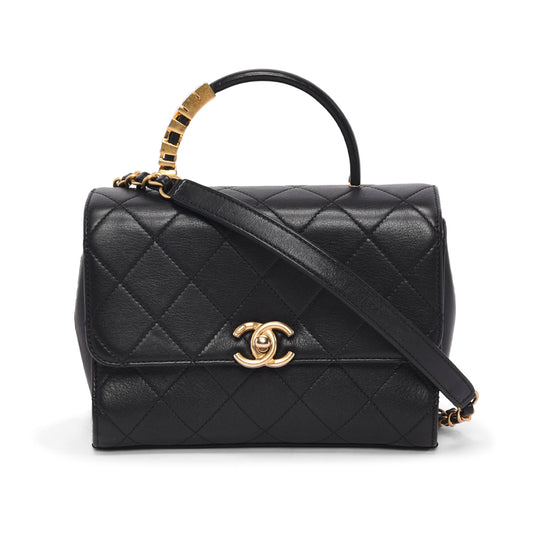 Chanel Black Calfskin Pearl Logo Top Flap Bag - Rovelle Bags