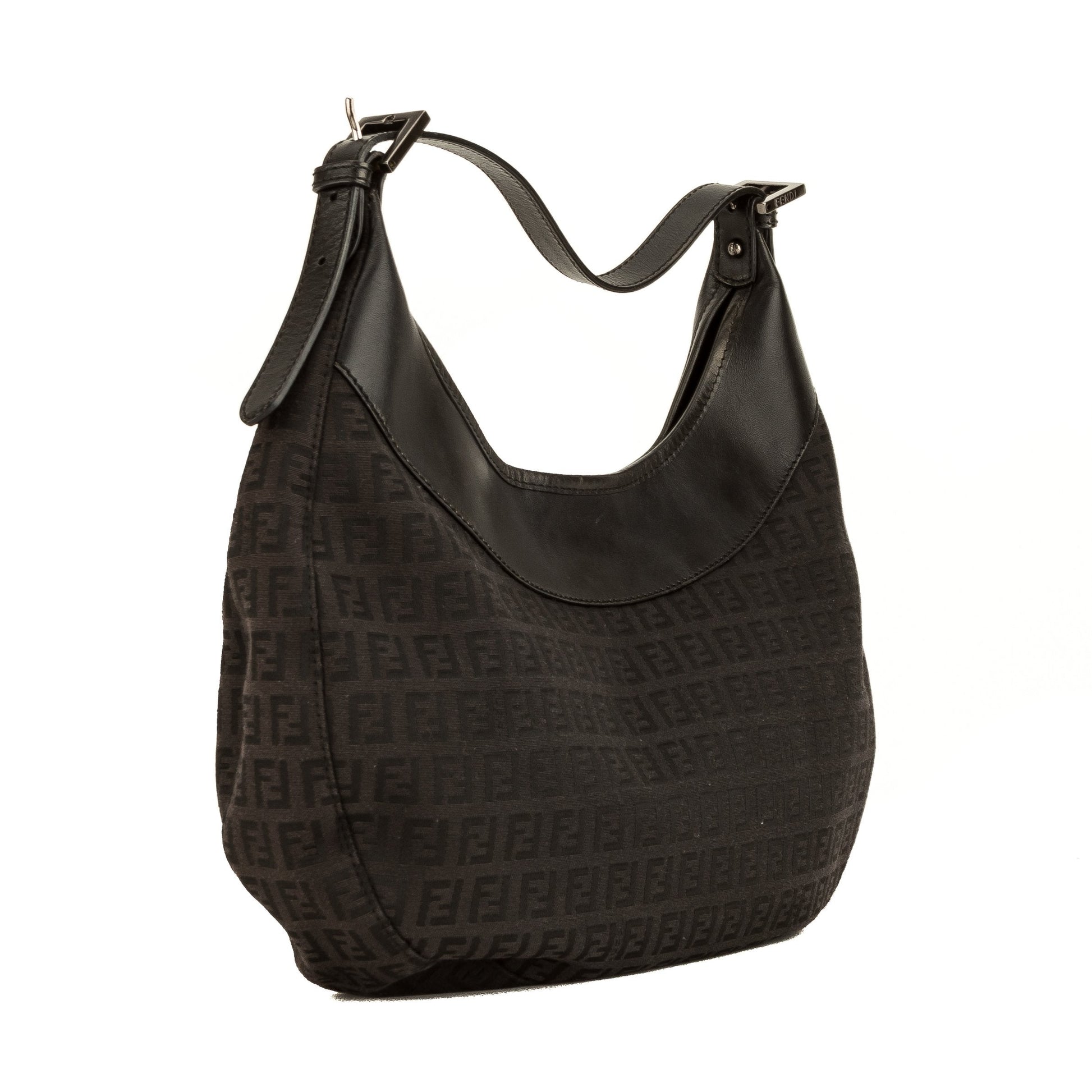 Fendi Black Leather Zucca Canvas Hobo Bag