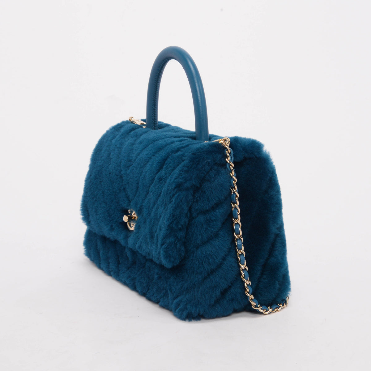 Chanel Teal Shearling Small Coco Handle Handbag - Rovelle Bags
