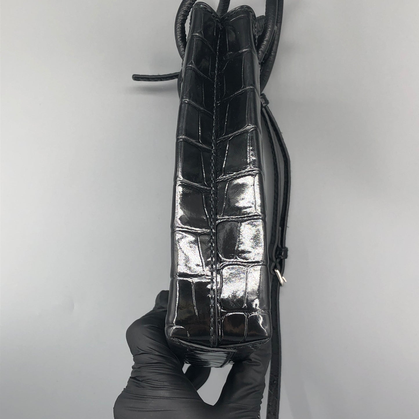 Balenciaga Logo Embossed Crocodile Embossed Leather Mini Vertical Phone Bag Black