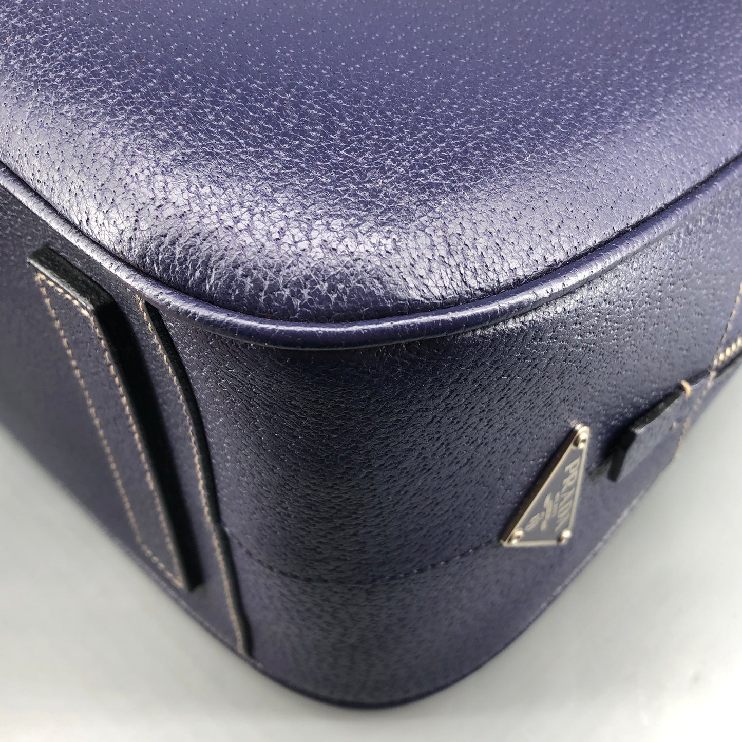 Prada Bauletto Medium Pebbled Leather Handbag Ink Blue