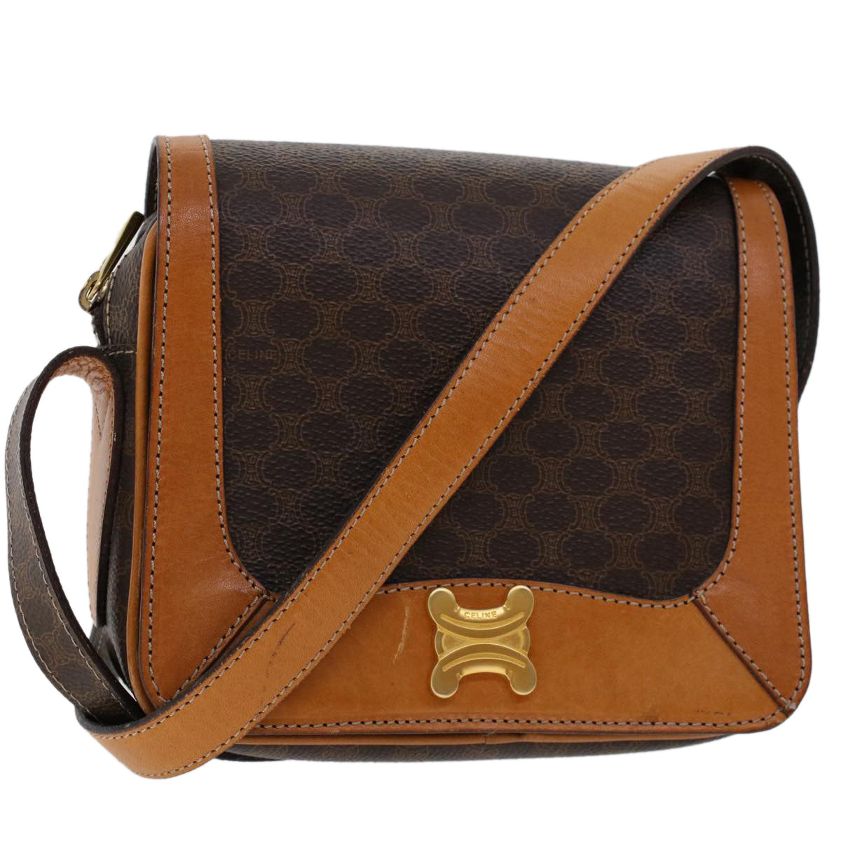 Luxury CELINE Macadam Canvas Shoulder Bag PVC Leather Brown 46305