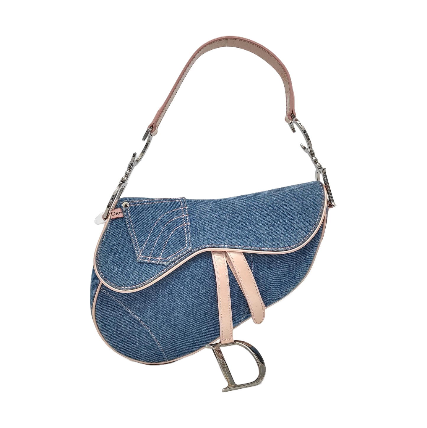 Dior Saddle Blue Denim with Pocket and Pink Leather Trim Shoulder Bag 2003