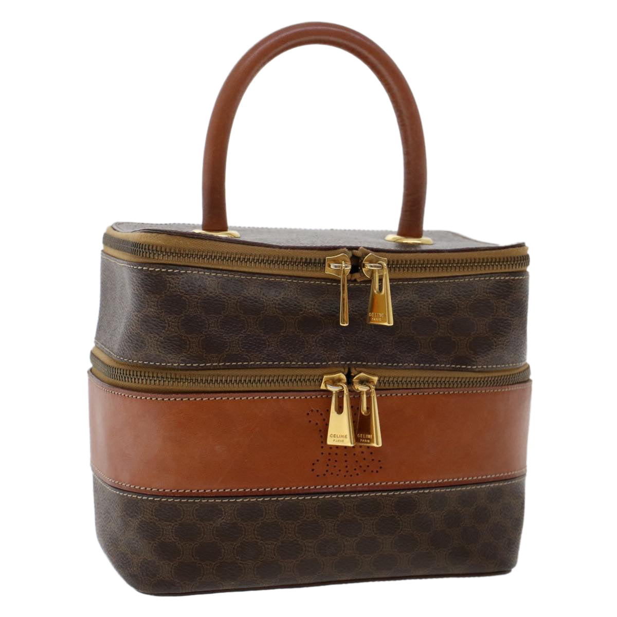 Luxury CELINE Macadam Canvas Vany Cosmetic Pouch PVC Leather Brown 48621