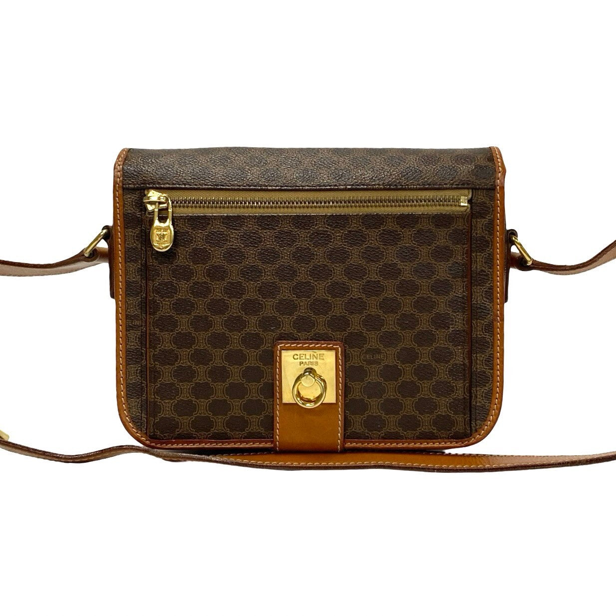 CELINE Shoulder Bag Leather, PVC Brown Macadam Blason Triomphe Pattern logo ring Metal Women