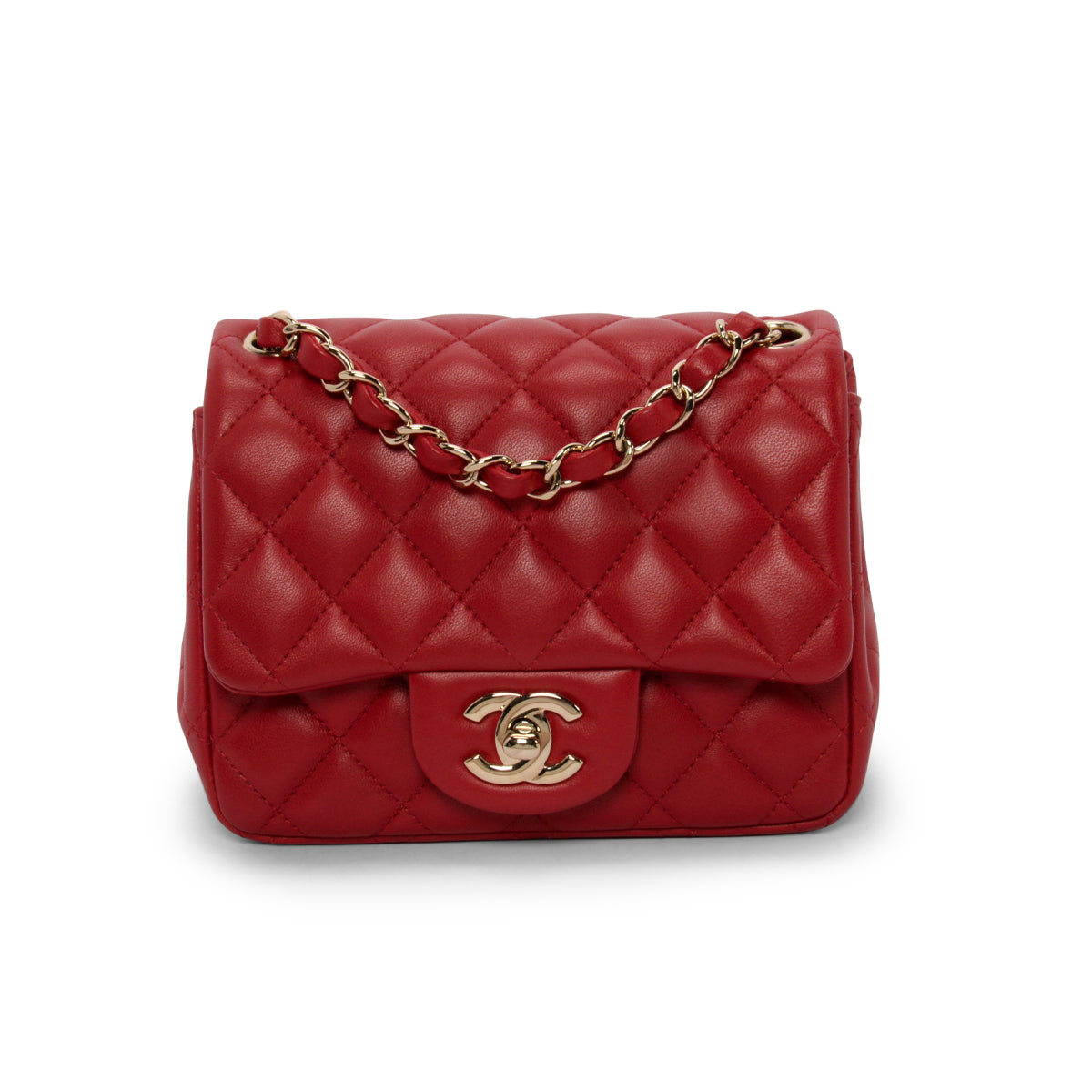 Chanel Red Quilted Lambskin Mini Square Flap Bag - Rovelle Bags
