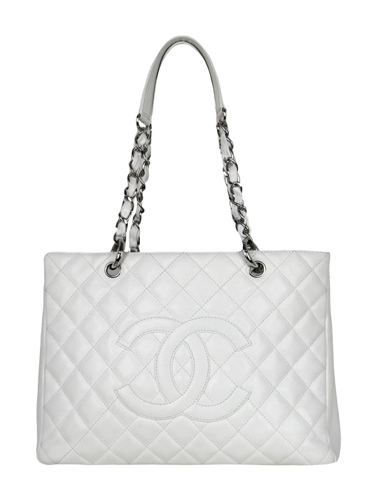 Chanel White Caviar Leather Quilted Grand Tote Bag - Rovelle Bags
