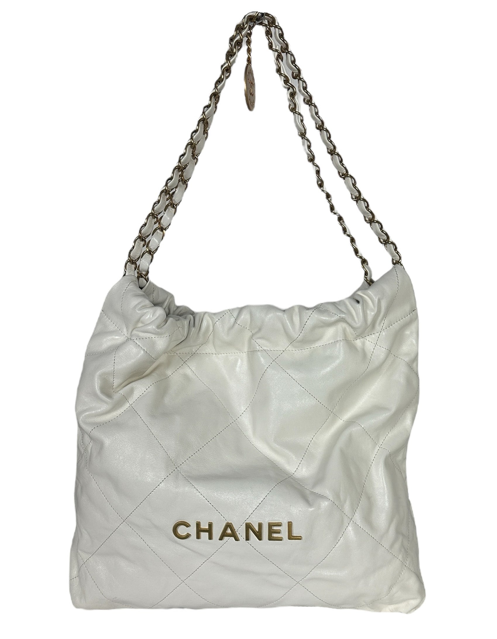 Chanel White Leather Quilted Chanel 22 Tote Bag - Rovelle Bags