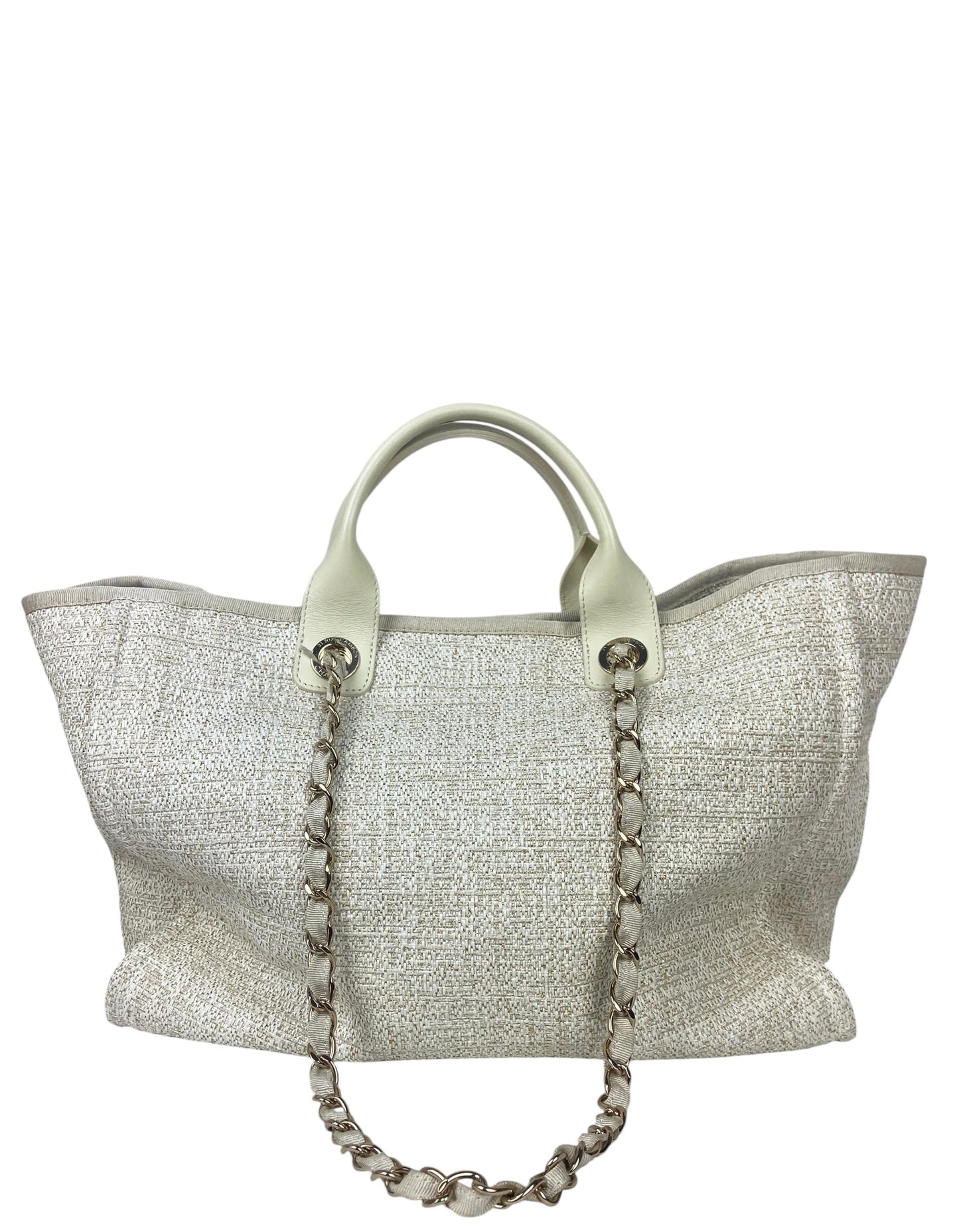 Chanel White/Gold Canvas Medium Deauville Tote Tote Bag - Rovelle Bags