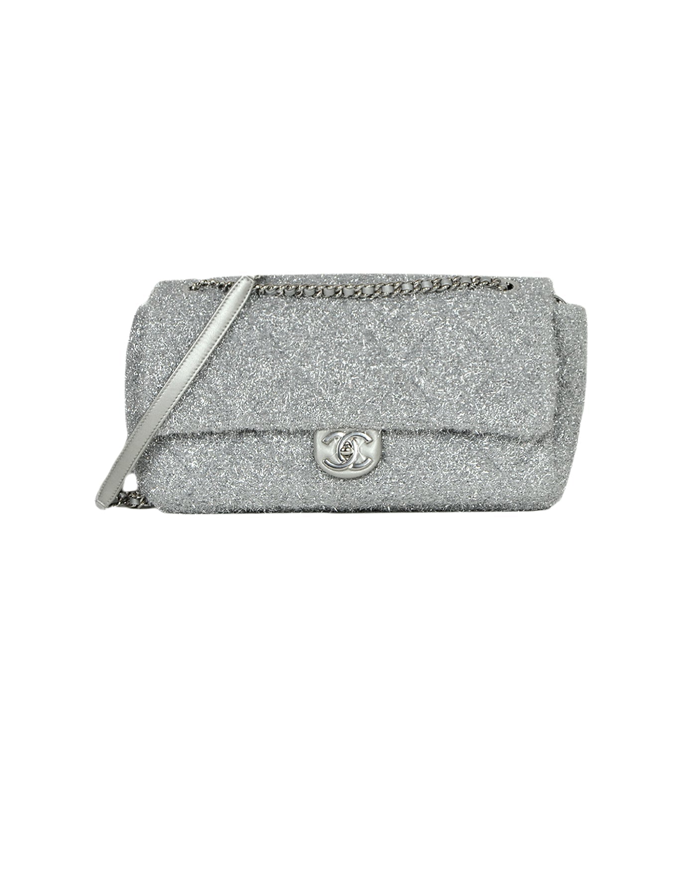 Chanel Silver Quilted Knit Pluto Glitter Flap Bag - Rovelle Bags