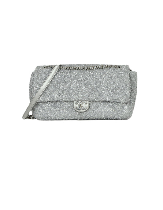 Chanel Silver Quilted Knit Pluto Glitter Flap Bag - Rovelle Bags