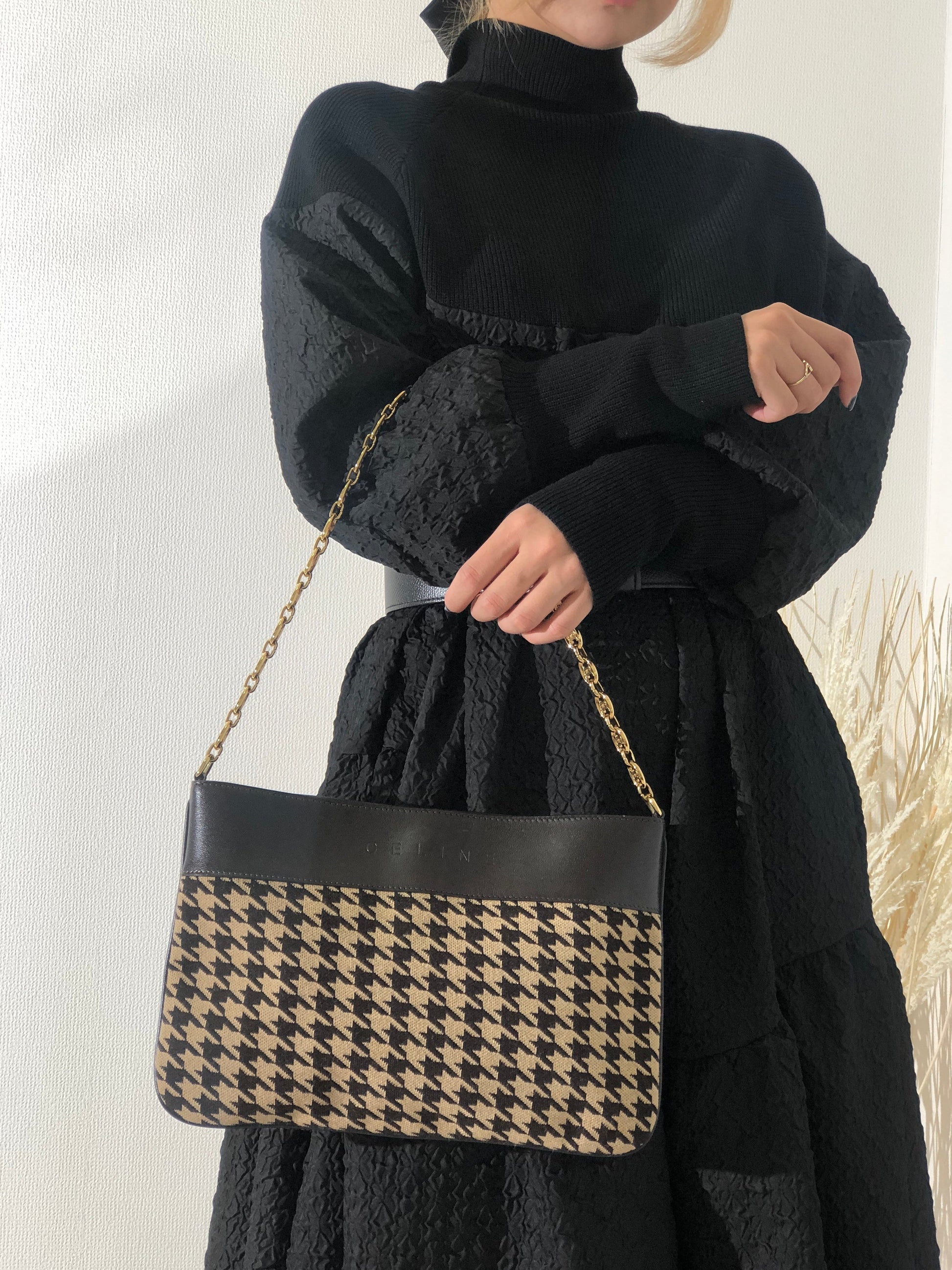 CELINE Triomphe Chain Houndstooth Fabric Leather Handbag Chain Shoulder bag Beige Brown f8gihb