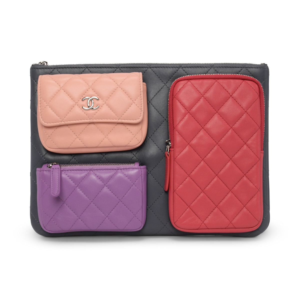 Chanel Grey Quilted Lambskin O-Case Multi Clutch Bag - Rovelle Bags